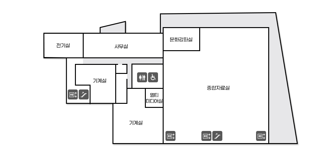 지하1층 - 계단에서 시계방향으로 엘리베이터(B1 ~ 3F 운행), 전기실, 사무실, 문화강좌실, 종합자료실, 엘리베이터(B1 ~ 3F 운행), 계단, 엘리베이터(B1 ~ 3F 운행), 엘리베이터(B1 ~ 3F 운행), 기계실, 멀티미디어실, 남여화장실, 장애인화장실, 기계실 위치