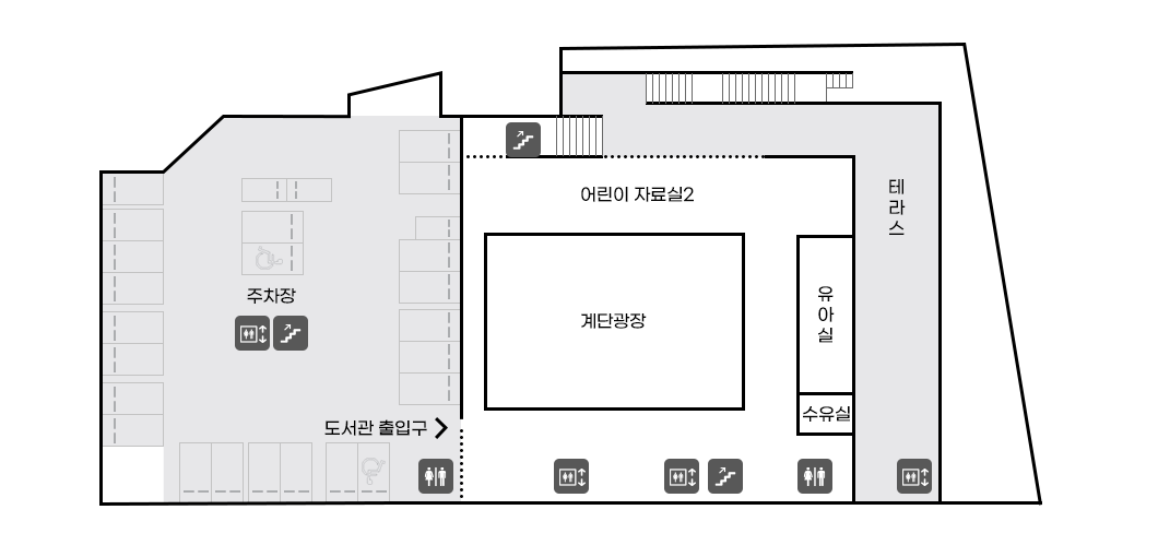 2층 - 도서관출입구에서 시계방향으로  엘리베이터(B1 ~ 3F 운행), 계단, 주차장, 계단, 어린이 자료실2, 테라스, 엘리베이터(B1 ~ 3F 운행), 유아실, 수유실, 남여화장실, 계단, 엘리베이터(B1 ~ 3F 운행), 계단광장, 엘리베이터(B1 ~ 3F 운행), 남여화장실 위치