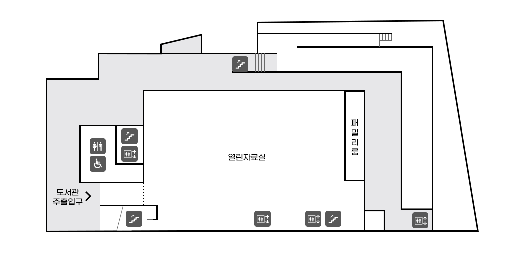 3층 - 도서관주출입구에서 시계방향으로 남여화장실, 장애인화장실, 계단, 엘리베이터(B1 ~ 3F 운행), 계단, 패밀리룸, 엘리베이터(B1 ~ 3F 운행), 계단, 엘리베이터(B1 ~ 3F 운행),엘리베이터(B1 ~ 3F 운행), 열린자료실, 계단 위치