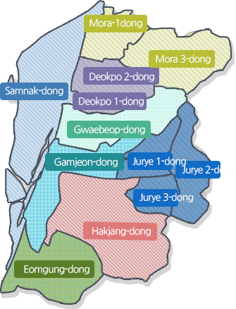Samnak-dong, Mora-dong, Mora 3-dong, Deokpo 1-dong, Deokpo 2-dong, Gwaebeop-dong, Gamjeon-dong, Jurye 1-dong, Jurye 3-dong, Hakjang-dong, Eomgung-dong
