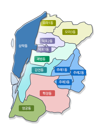 사상구 지도(삼락동, 모라1동, 모라3동, 덕포2동, 덕포1동, 괘법동, 감전동, 주례1동, 주례2동, 주례3동, 학장동, 엄궁동)