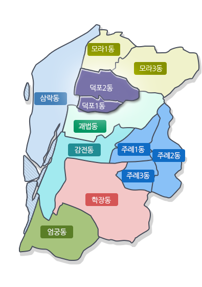 사상구 지도(삼락동, 모라1동, 모라3동, 덕포2동, 덕포1동, 괘법동, 감전동, 주례1동, 주례2동, 주례3동, 학장동, 엄궁동