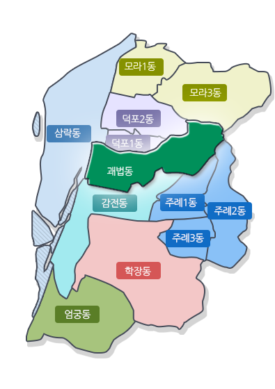 사상구 지도(삼락동, 모라1동, 모라3동, 덕포2동, 덕포1동, 괘법동, 감전동, 주례1동, 주례2동, 주례3동, 학장동, 엄궁동