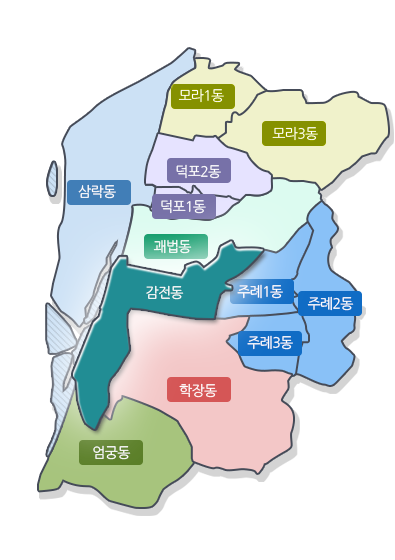 사상구 지도(삼락동, 모라1동, 모라3동, 덕포2동, 덕포1동, 괘법동, 감전동, 주례1동, 주례2동, 주례3동, 학장동, 엄궁동
