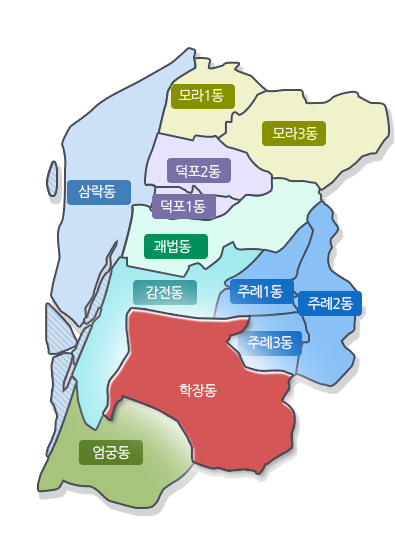 사상구 지도(삼락동, 모라1동, 모라3동, 덕포2동, 덕포1동, 괘법동, 감전동, 주례1동, 주례2동, 주례3동, 학장동, 엄궁동