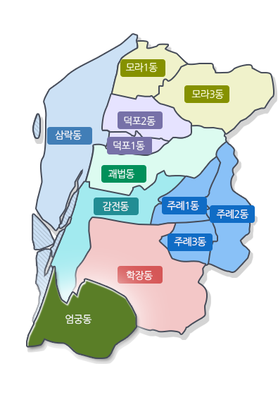 사상구 지도(삼락동, 모라1동, 모라3동, 덕포2동, 덕포1동, 괘법동, 감전동, 주례1동, 주례2동, 주례3동, 학장동, 엄궁동)