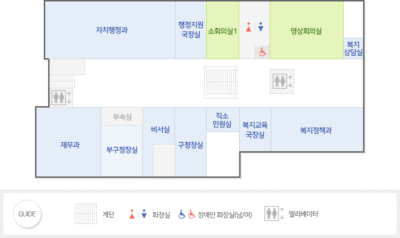 중앙 엘리베이트에서 시계방향으로 맞은편은  중계단 , 복지정책과, 복지교육 국장실, 직소민원실, 구청장실, 비서실, 부구청장실, 부속실, 재무과, 엘리베이터, 계단, 자치행정과, 행정지원국장실, 소회의실1, 화장실(남/여,여자장애인), 영상회의실, 복지상담실 위치