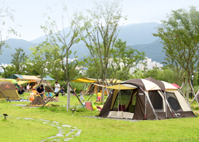 오토캠핑장에서 캠핑해요 삼락생태공원내 낙동강변에 자리잡고 있는 부산광역시 최초의 오토캠핑장
