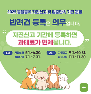 2025동물등록 자진신고 및 집중단속 기간 운영
반려견 등록은 의무입니다.
자진신고 기간에 등록하면 과타료가 면제됩니다.
1차 자진신고5.1.~6.30. 집중단속 7.1.~7.31.
2차
 자진신고 9.1.~10.31. 집중단속11.1~11.30.
더보기+
