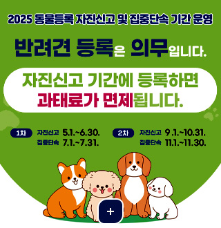 2025 동물등록 자진신고 및 집중단속 기간 운영
반려동물 등록은 의무입니다.

자진신고 기간에 등록하면 과태료가 면제됩니다.

1차 자진신고 5.1. ~ 6.30. 집중단속 7.1. ~ 7.31.
2차 자진신고 9.1. ~ 10.31. 집중단속 11.1. ~ 11.30.

더보기+