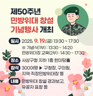 제50주년 민방위대 창설기념행사 개최
일시: 2025. 9. 19.(금) 13:30 ~ 17:30
※ 기념식(1부) 13:30 ~ 14:20 / 민방위대장 교육(2부) 14:30 ~ 17:30
장소: 사상구청 지하 1층 한마당홀
참석: 300여명 ▷ 구청장, 구의원, 지역·직장민방위대장 등
내용: 민방위대 창설 경과보고, 유공자 표창 등