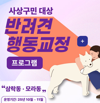 사상구민 대상 반려견 행동교정 프로그램
더보기+
삼락동·모라동
운영기간: 25년 10월 ~ 11월