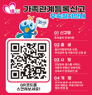 가족관계등록신고 후속절차안내
QR코드를 스캔해보세요!
(QR코드 링크 https://m.site.naver.com/20MDD)
01. 신고명
후속절차 안내사항
02. 출생
출산지원장려금 신청, 부모급여 및 아동수당 신청 등
03. 사망
안심상속 원스톱 서비스, 자동차 부동산 상속이전, 상속포기, 한정 승인등
04. 개병
주민등록증, 운전면서증, 여권 재발급, 부동산등기부 명의 변경 등