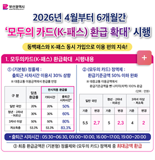 - 모두의카드(K-패스) 환급 확대 시행
- 적용기간: 2026. 4월~9월(6개월간)
- 확대내용
• (기본형)정률형: 환급율 30%p 상향(출퇴근 시차시간)
• (모두의카드) 정액형: 환급률 기준금액 50%이하 완화
- 이용방법: 동백패스 카드발급 → 휴대폰에 K-패스 앱 설치
→ 회원가입 → 대중교통 사용