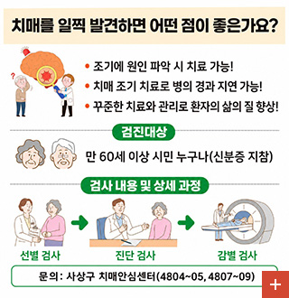 치매를 일찍 발견하면 어떤 점이 좋은가요?
· 조기에 원인 파악 시 치료 가능!
· 치매 조기 치료로 병의 경과 지연 가능!
· 꾸준한 치료와 관리로 환자의 삶의 질 향상!
검진대상
만 60세 이상 시민 누구나 (신분증 지참)
검사 내용 및 상세과정
선별 검사 → 진단 검사 → 감별 검사
문의 : 사상구 치매안심센터 (4804 ~ 05, 4807 ~ 09)
더보기+