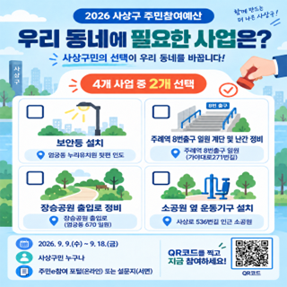 2026년
사상구 주민참여예산
제안사업 설문 실시

기간
2026. 9. 9.(수) ~ 9. 18.(금)

참여대상
사상구민 누구나

참여방법
4개 사업 중 2개 사업 선택

상세보기 >